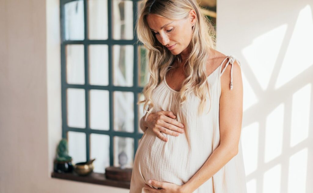 Beautiful pregnant woman touching her belly standing by the window