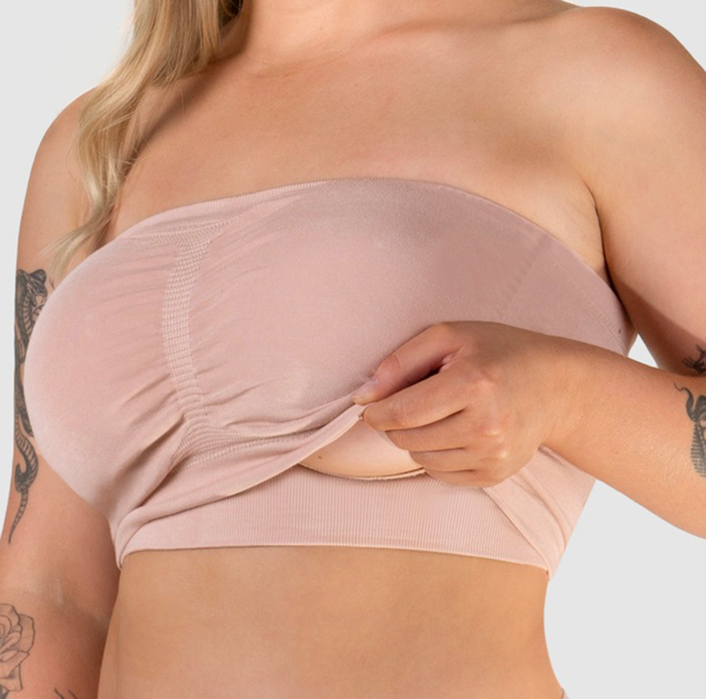 Product shot of woman wearing b-free Strapless maternity & nursing wire free bra