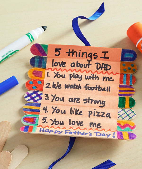 Coloured lolly sticks stuck together with 5 Things I Love About Dad written on them