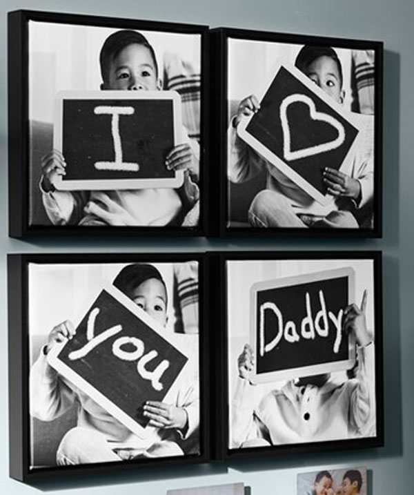 Handmade craft gift for Father's Day diy photo shoot showing four different images in a frame, spelling out I LOVE YOU DADDY