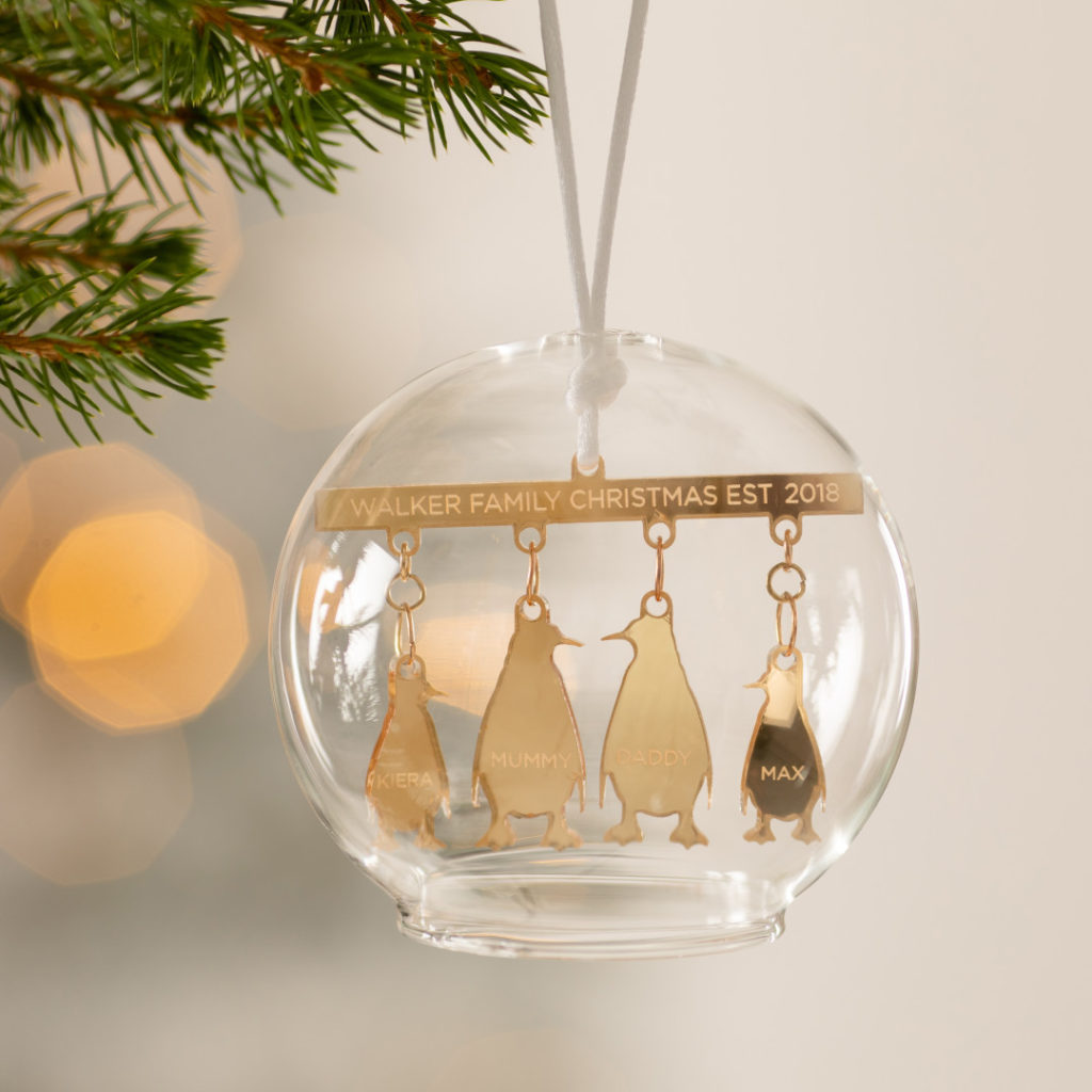 Personalised Penguin Family Glass Dome Bauble