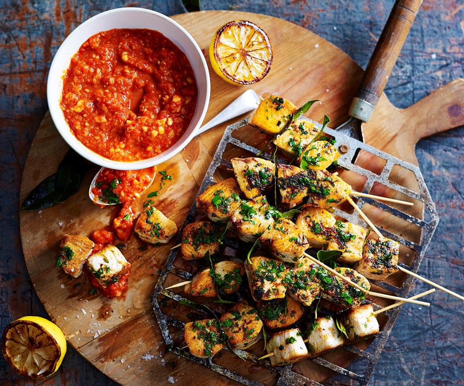 Romesco with fish skewers
