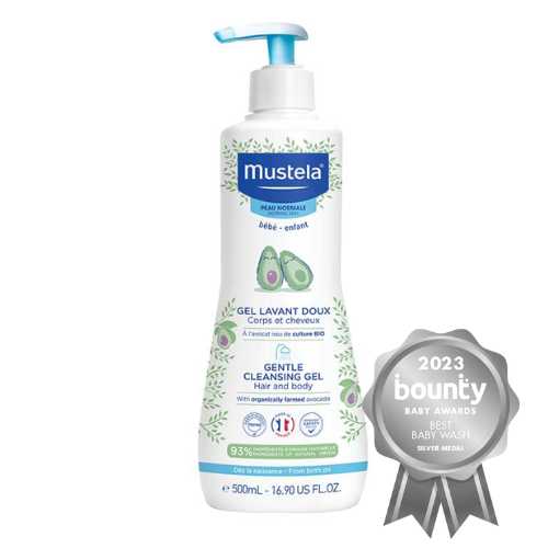 Product shot of Mustela Gentle Cleansing Gel with Silver Award Winner badge