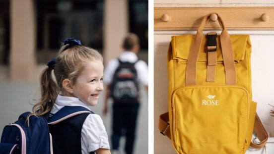 Girl in school uniform with backpack/ Yellow backpack from Hard to Find