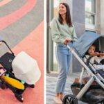 Father pushing Bugaboo Donkey pram; Mother pushing Uppababy Vista2 pram