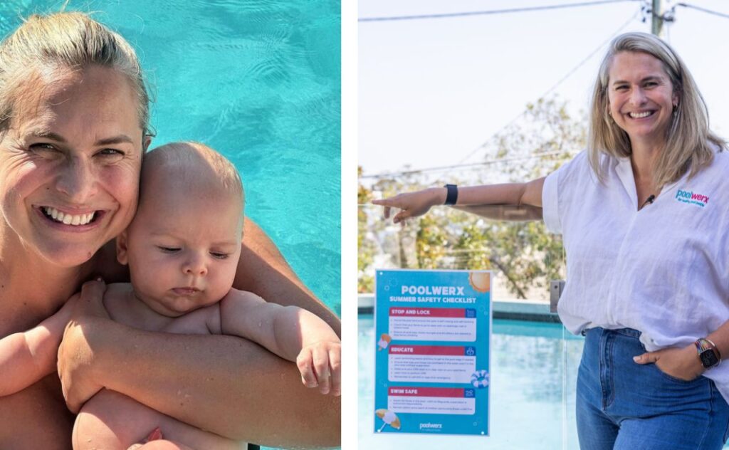 Libby Trickett with newborn son Alfred, and standing next to a Poolwerx swim safety checklist