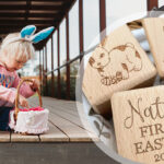 Young on timber deck child collecting Easter eggs wearing bunny ears