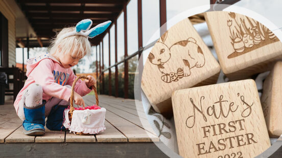 Young on timber deck child collecting Easter eggs wearing bunny ears