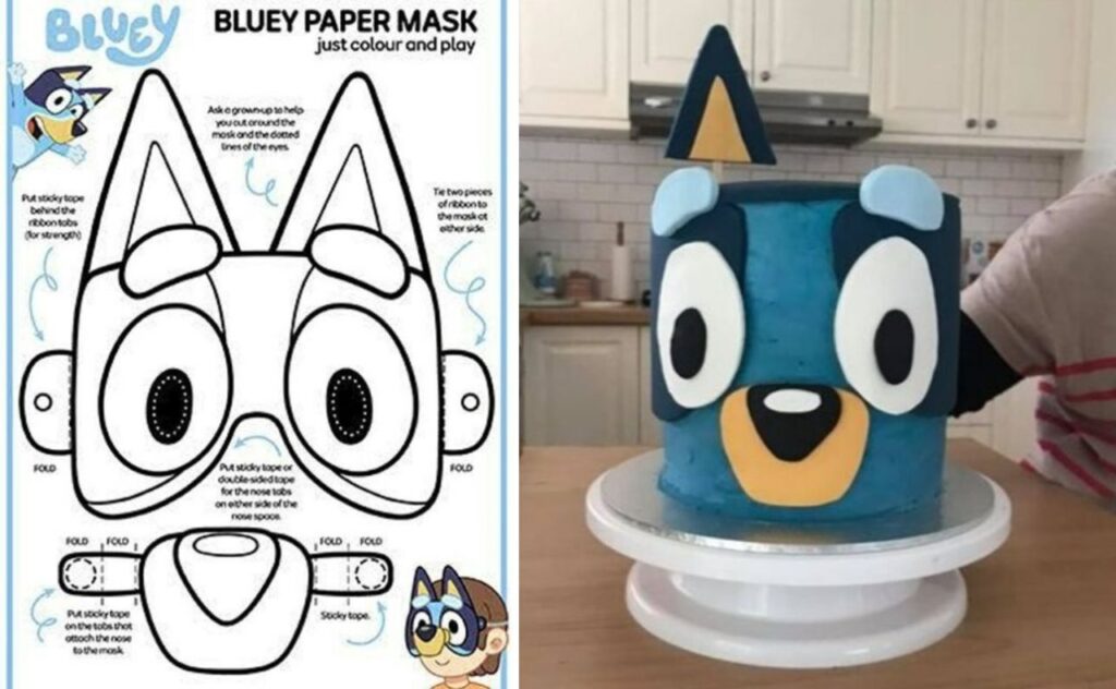 Using a mask template for a DIY Bluey cake.