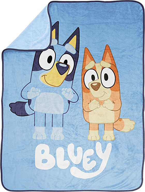 Product shot of blue blanket featuring Bluey and Bingo