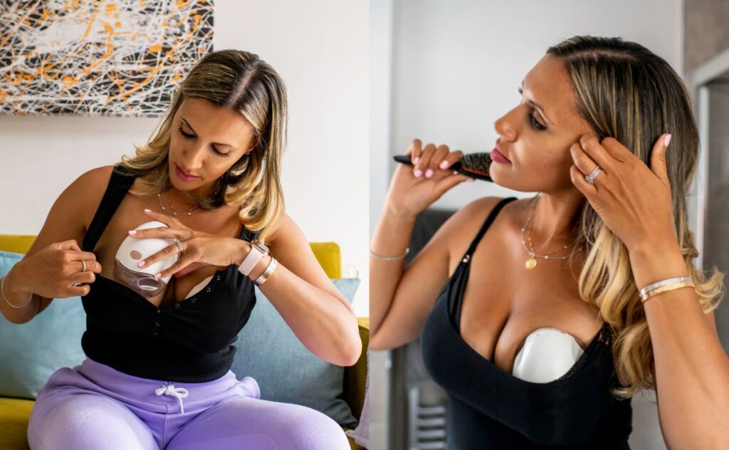 Woman putting wearable breast pump in her bra and also brushing her hair