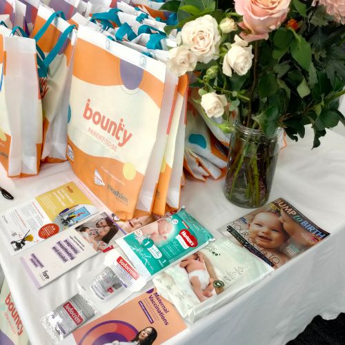 Bounty Bags and their products on a display table Bounty Parents' annual awards Marketplace event