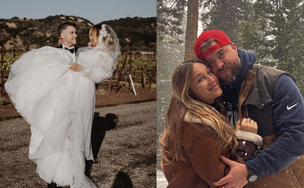 Jackie Miller James and Austin at their wedding and again in the snow at six months pregnant