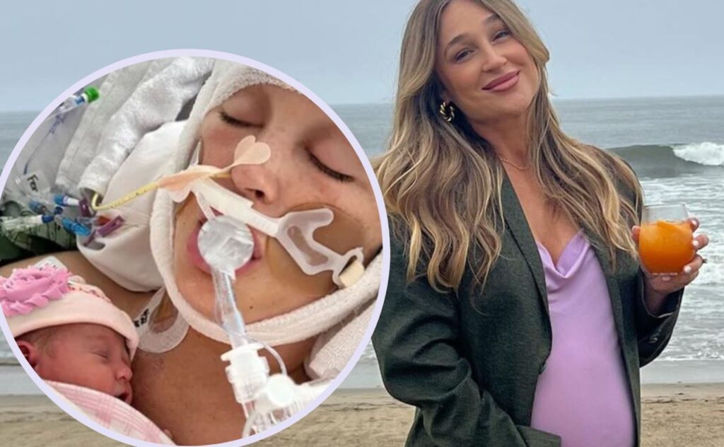 Jackie Miller James at 37 weeks pregnant and inset, in breathing tubes in hospital holding her newborn daughter