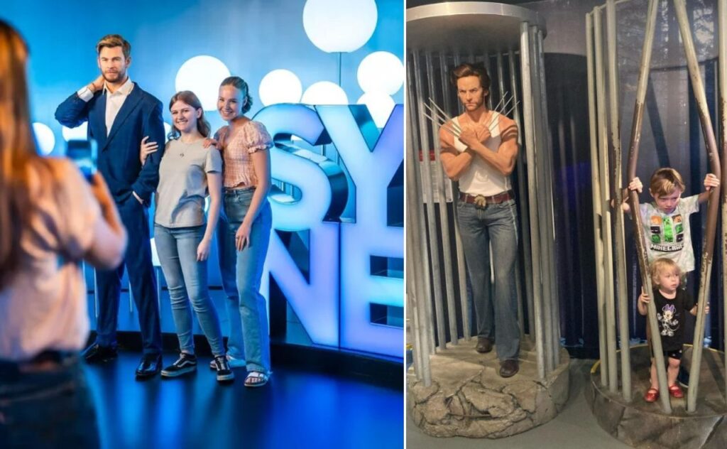 Kids posing with models of Chris Hemsworth and Hugh Jackman as Wolverine at Madame Tussauds Sydney.