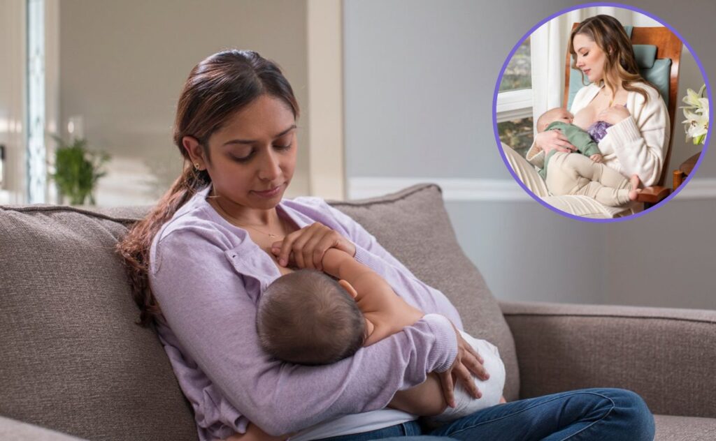 Mum with long dark hair sits on lounge, cuddling and feeding a baby wearing a nappy; inset mum sitting in a chair feeding baby and wearing therapearl