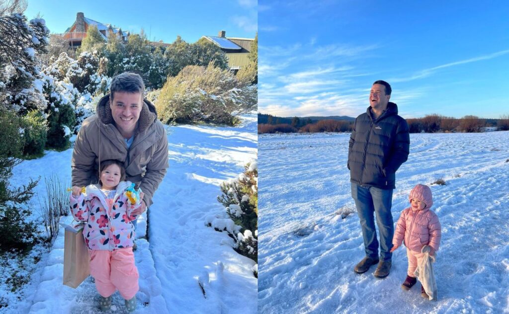 Two images of Grace and daddy Chandler in the snow