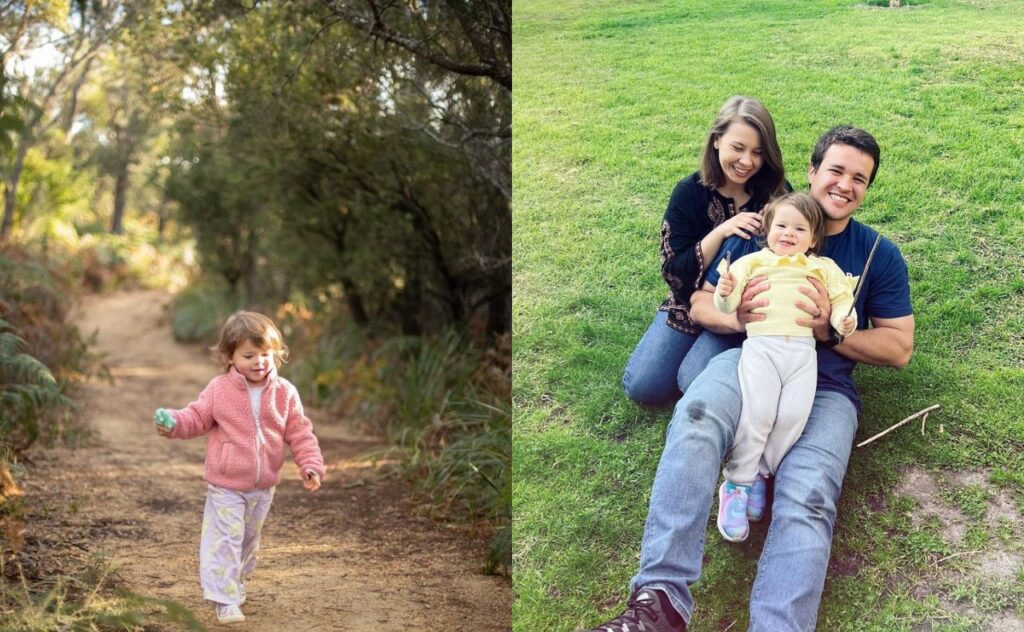 Grace running down a bush path, and sitting on her dad's lap with her mum in the grass