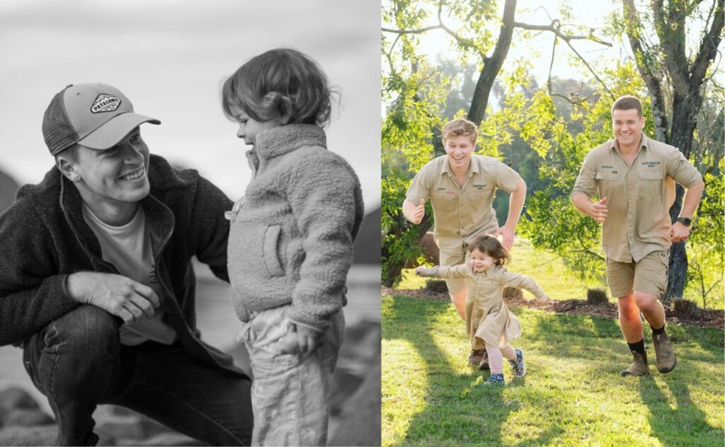 Black and white image of Robert smiling with Grace; Grace running with Robert and her dad