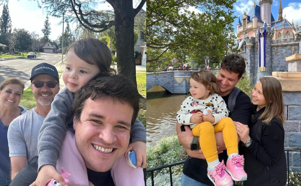 Grace on Chandler's shoulders, his parents behind them, plus photo of Grace with her parents