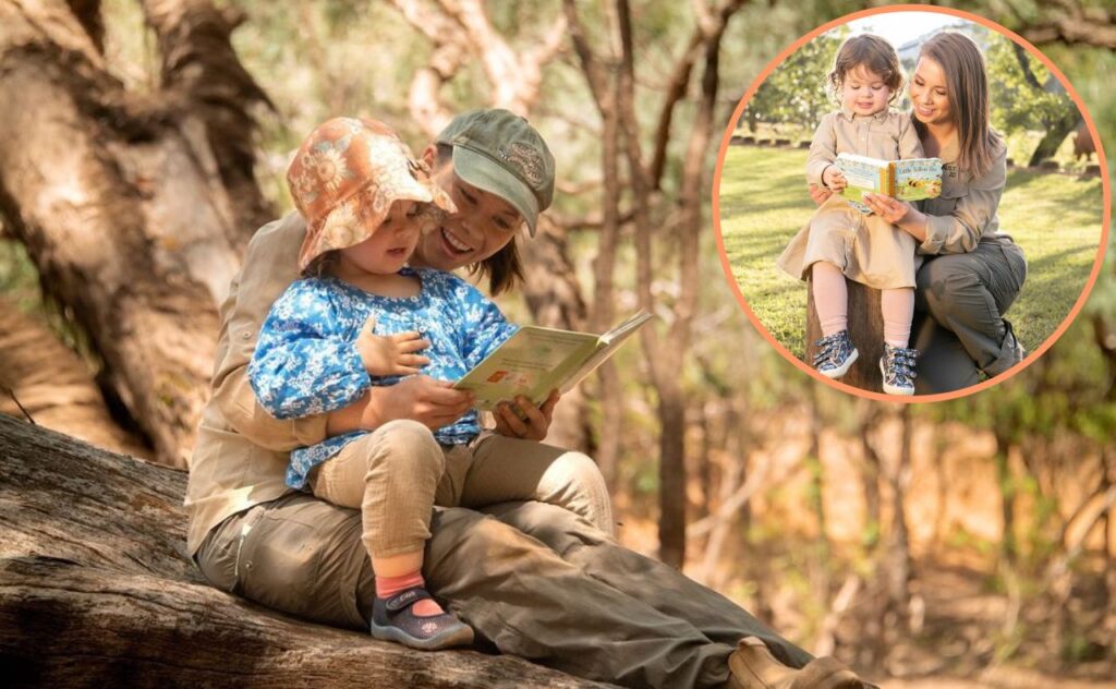 Two images of Grace sitting on Bindi's lap reading books outsides