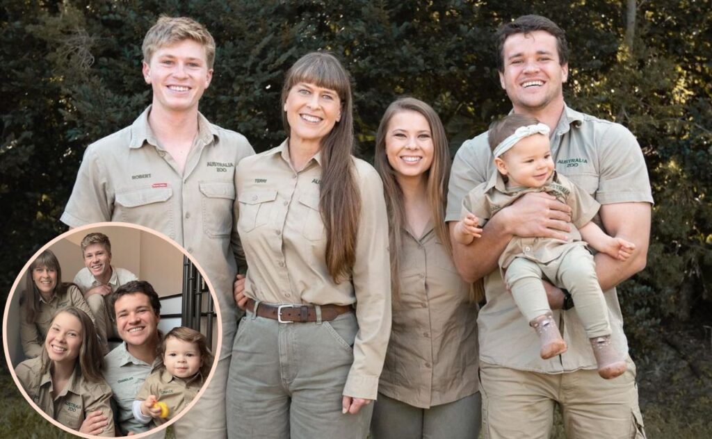 Two photos of Grace, Bindi, Chandler, Terri and Robetr in their khakis