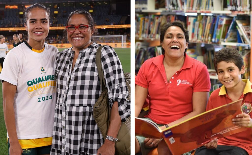 Cathy Freeman with Matildas player, Mary Fowler. Also, pictured doing work for her foundation, Murrup. 