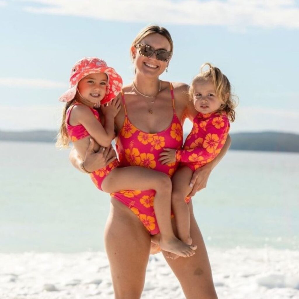 Okanui matching swimwear. Mother and two daughters.