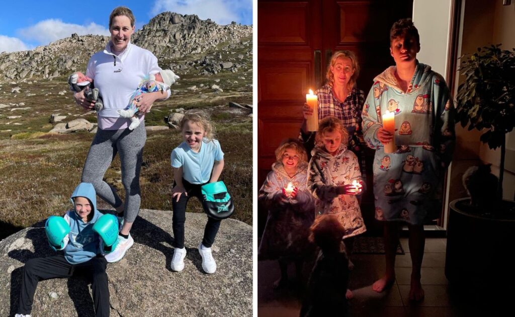 Jana Pittman, her twins and daughters at Mount Kosciuosko, and with her children at Anzac Day Dawn service