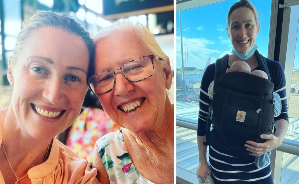 Jana Pittman and her mum, and Jana carryign both twins in a baby carrier at the airport