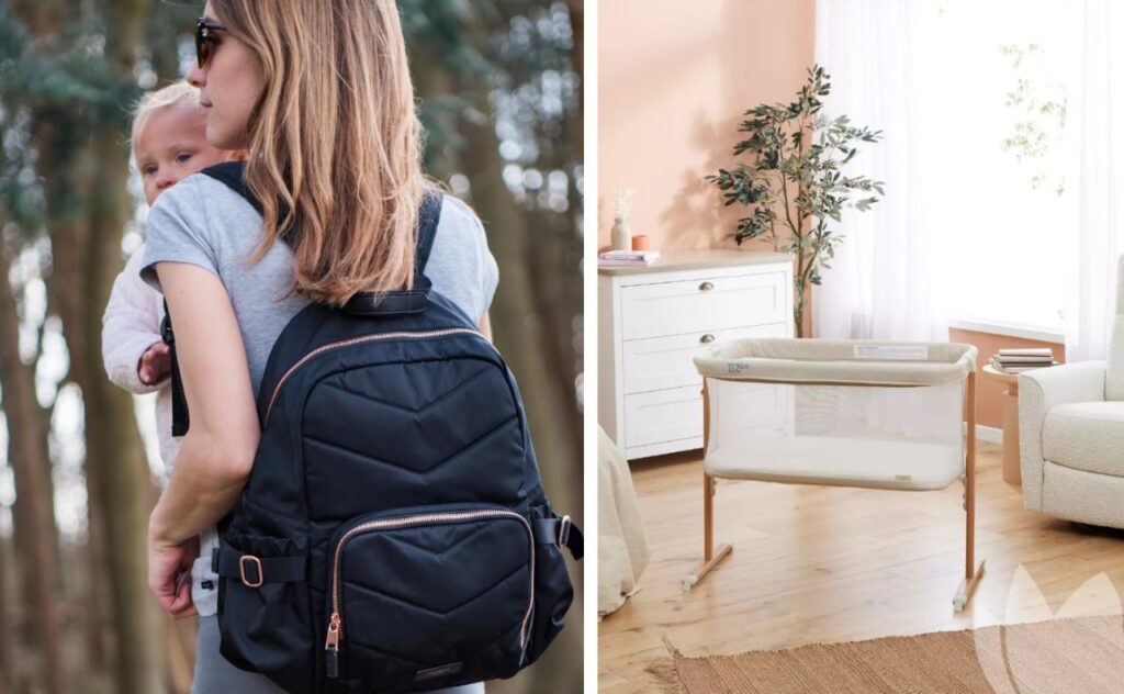 Mum with back to the camera wearing a Storksak back pack, nursery scene showing Il Tuttp CoZee bassinet