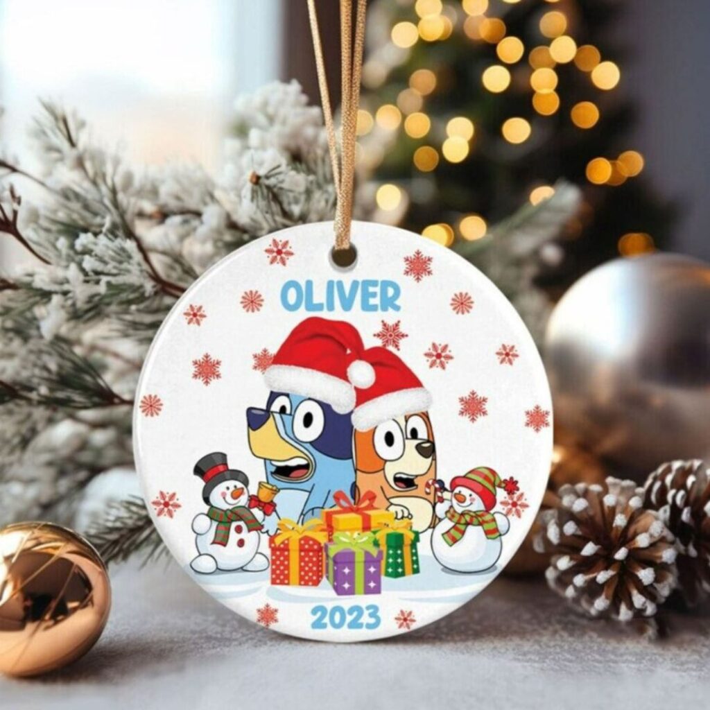 Personalized Family Bluey Christmas Ceramic Ornament 2023