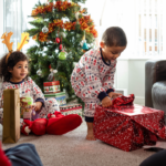 Children opening presents on Christmas morning