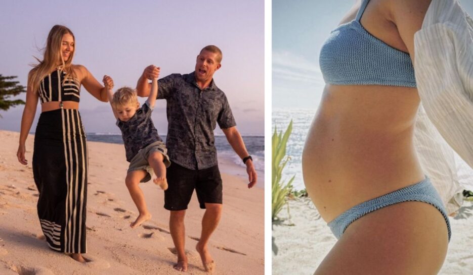 Pregnant woman with husband expecting baby with yoga pose at ocean