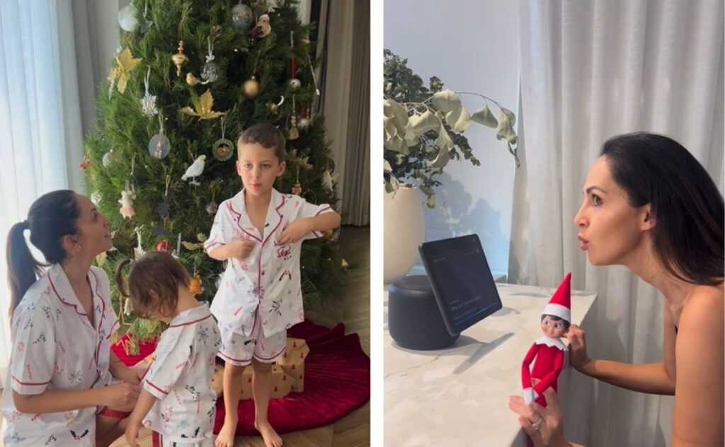 Zoe Marshall Christmas with her children and asking Alexa to remind her to move Elf on the Shelf