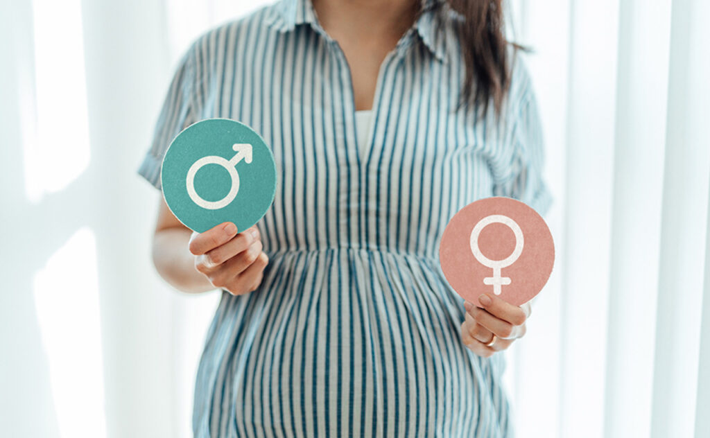 Midsection shot of a pregnant woman holding two cards with gender symbols, predicting the sex of her baby. Baby shower game ideas.
