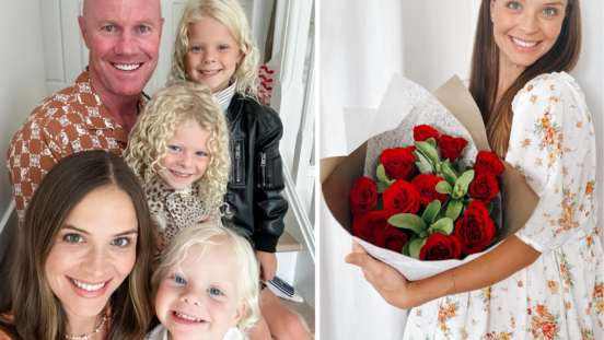 Lauren Brant, Barry Hall and their sons, and Lauren holding roses on Valetine's Day