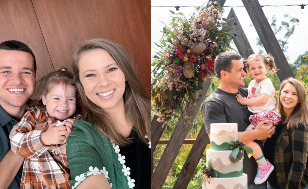 Two images of Bindi, Grace and Chandler Powell smilng at camera, one with a three-tier cake