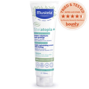 Product shot of Mustela Stelatopia+ Lipid Replenishing Creamwith Trial Team badge