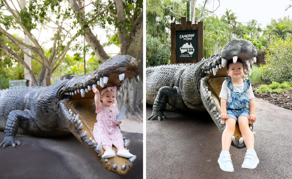 Two photos of Grace Irwin sitting in the jaws of a fake crocodile at Australia Zoo