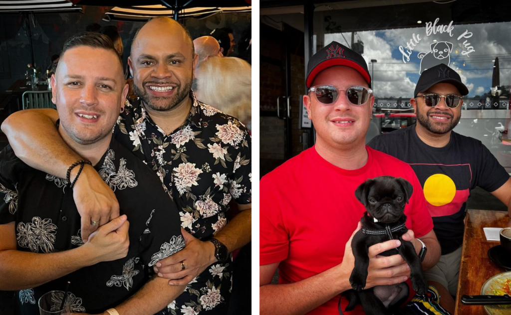 Kevin Yow Yeh and Bob Smith from Gogglebox dressed in pattern shirts, and outside a cafe holding their little black pug