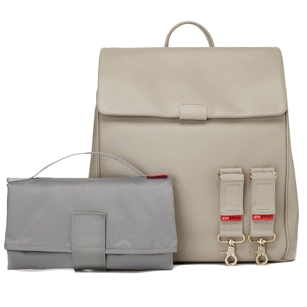 Product shot of Storksak St James Leather nappy bag in Taupe