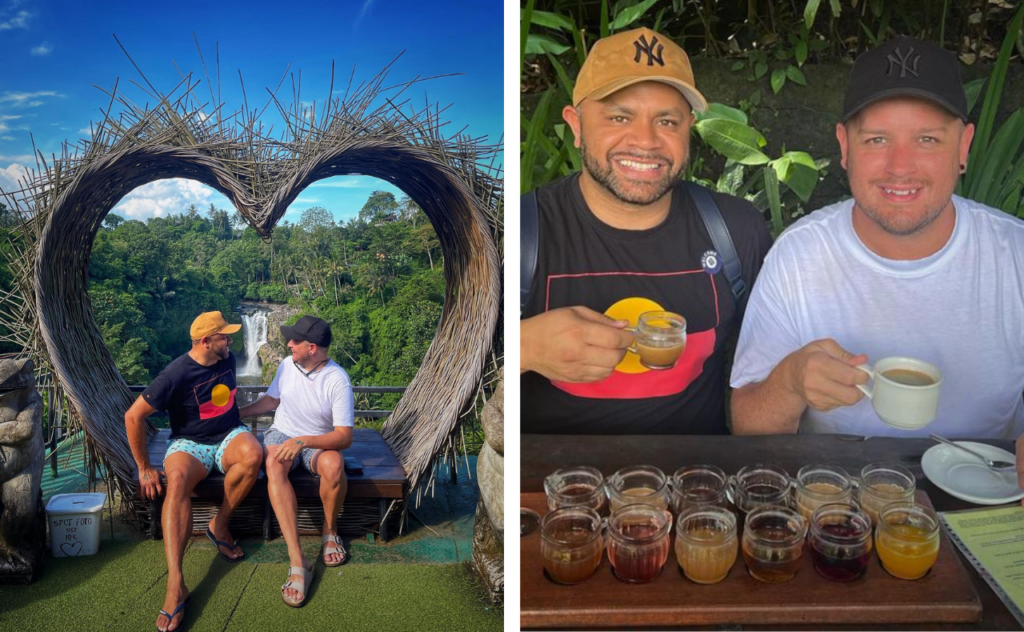 Kevin Yow Yeh and Bob Smith drinking Luwak boona in Bali; the pait sitting under a love heart arch with a waterfall in the background