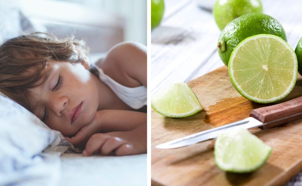 Image of child with long eyelashes sleeping with their hands near their face; cut liime with knife on board