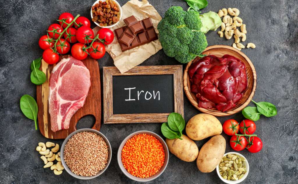 Aerial view of fresh foods that are rich in iron