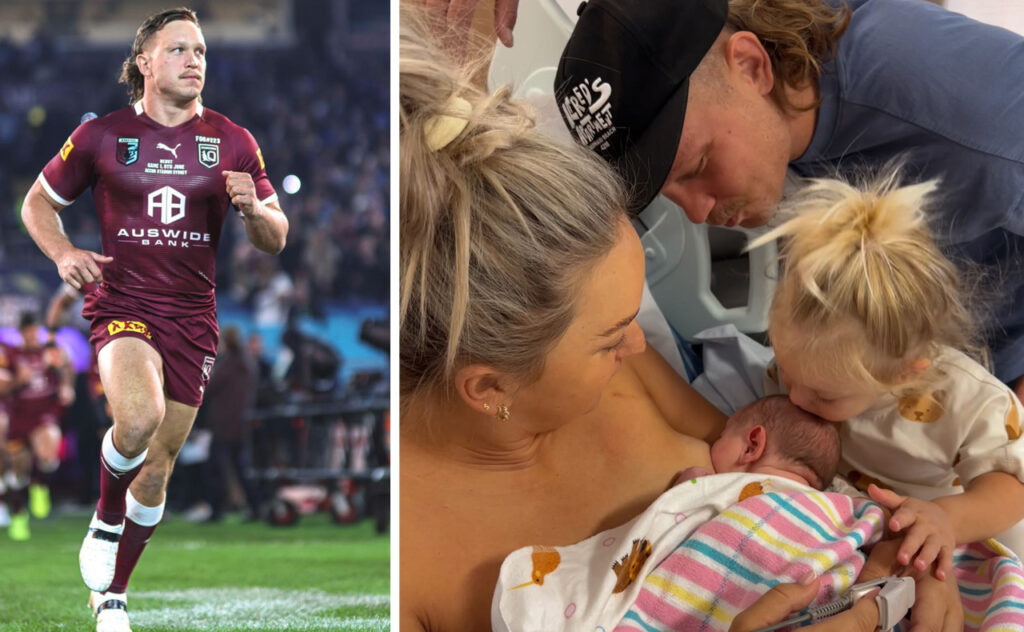 Queensland State of Origin star Reuben Cotter and wife Mackenzie with new baby son in the hospital after birth