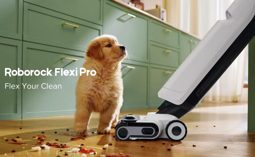 Golden retriever looking up at owner who is using a Roborock Flexi Pro Wet and Dry Floor Vacuum