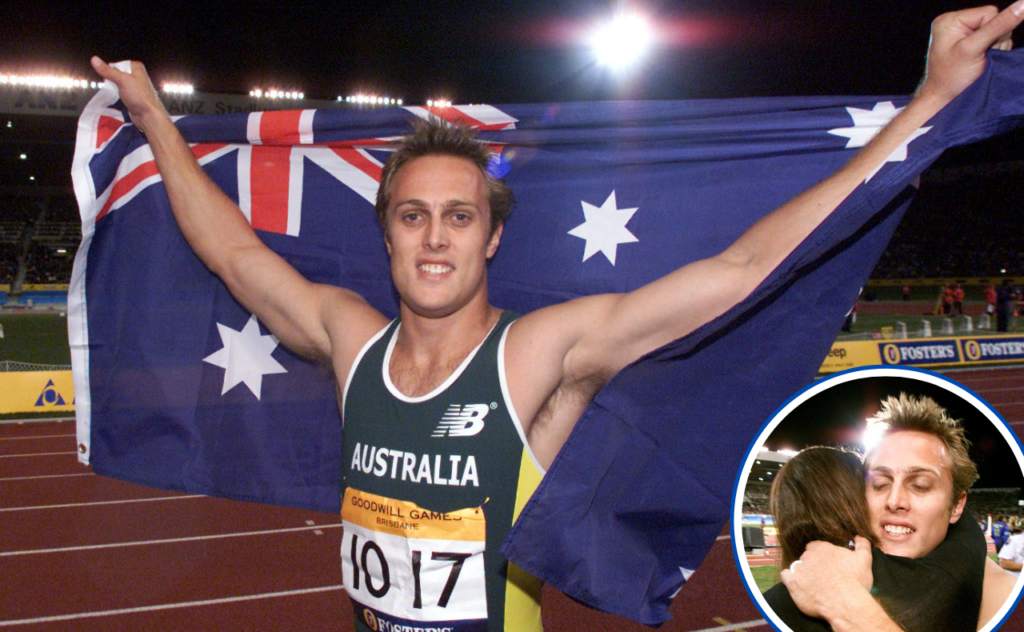 Matt Shirvington at the 2000 Olympic Games holding the Australian Flag out behind him; small imge of Matt hugging his wife Jessica after running at the 2001 Goodwill Games