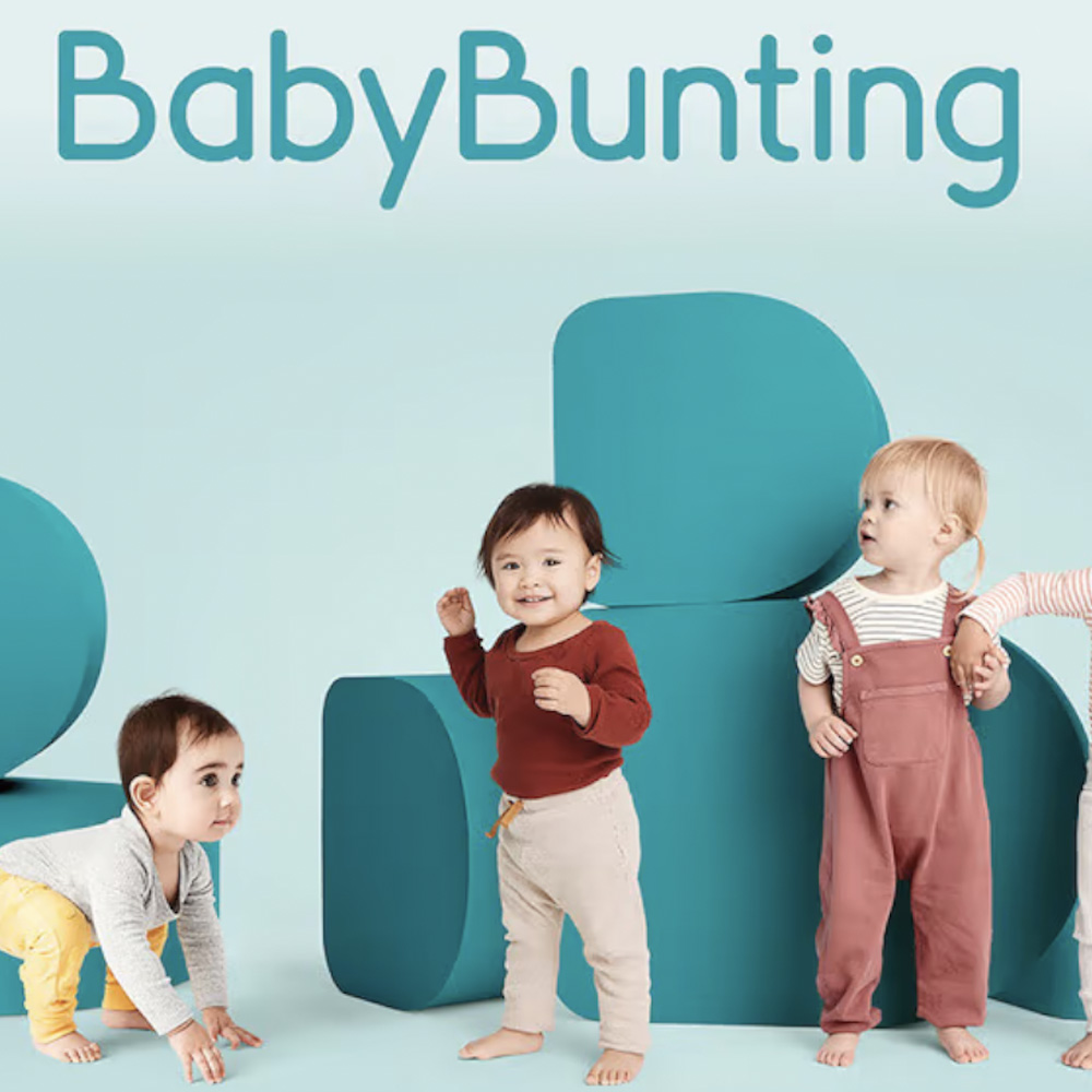 Baby bunting promotional image featuring three babies