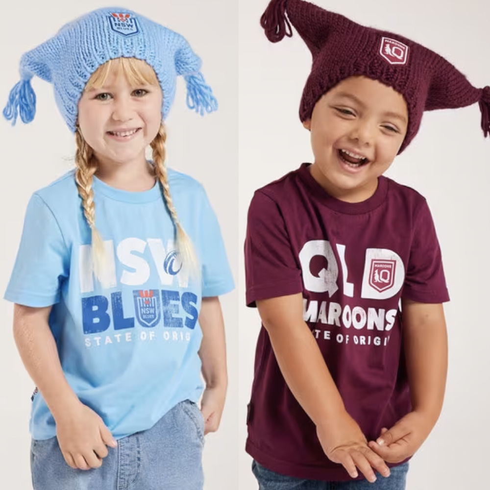 state of origin kids beannie modelled by cute kids